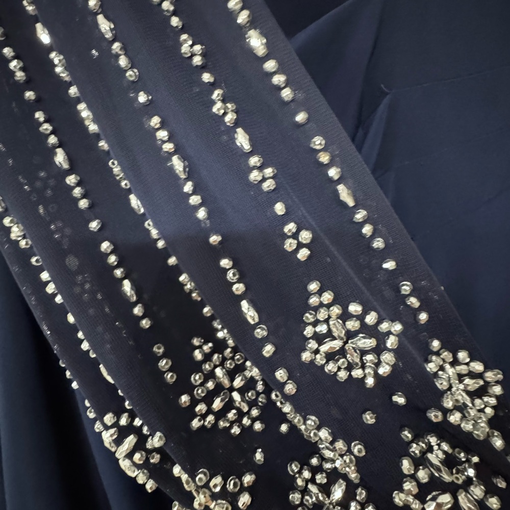 MARINA Navy Long Sleeve Evening Gown with Beaded Sleeves - Picture 4 of 6